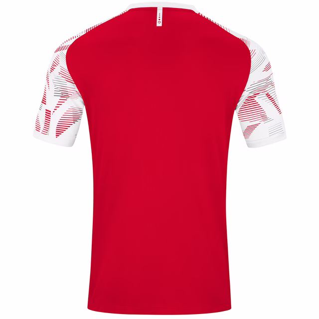 rote Rückseite des Trainingsshirts mit weißen Ärmeln