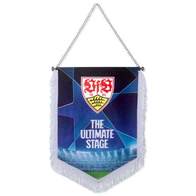 blaue Vorderseite des VfB CL Wimpels mit VfB Wappen und der Aufschrift The Ultimate Stage