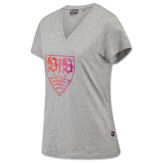 graues T-Shirt mit Damenschnitt mit VfB Wappen in verschiedenen Rottönen