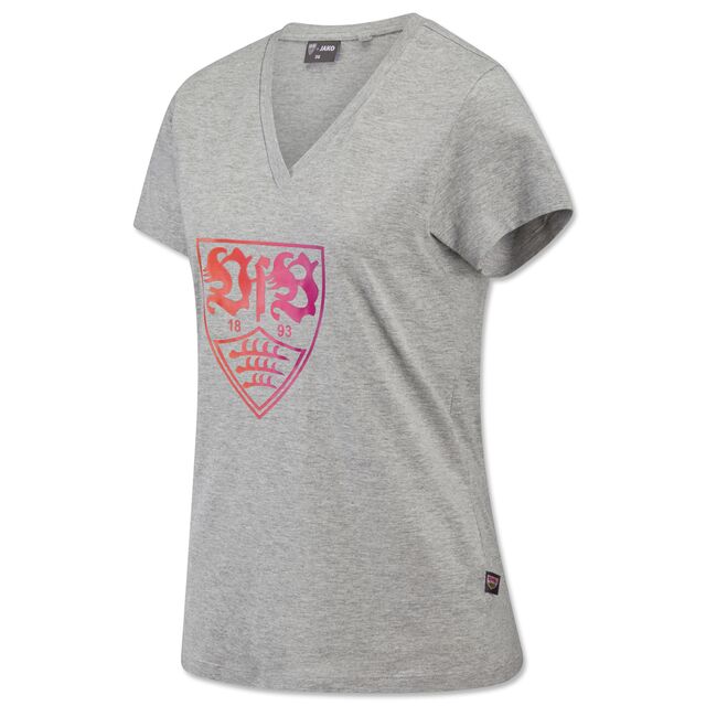 graues T-Shirt mit Damenschnitt mit VfB Wappen in verschiedenen Rottönen
