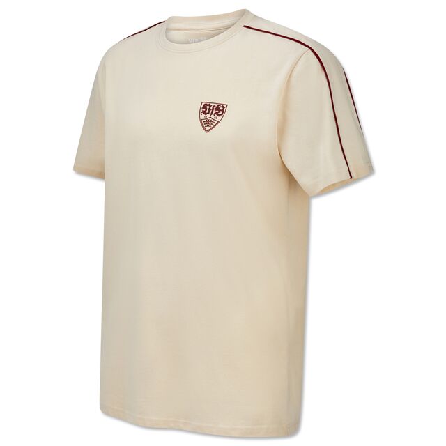 beigefarbenes T-Shirt mit rotem VfB Wappen auf der Brust und Linien an den Schultern