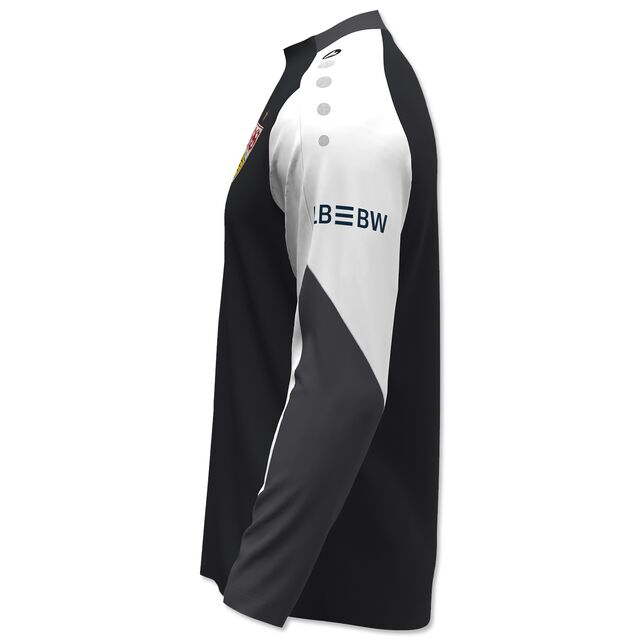 Seitenansicht des schwarz-weißen Trainingslongsleeves mit LBBW auf dem Ärmel