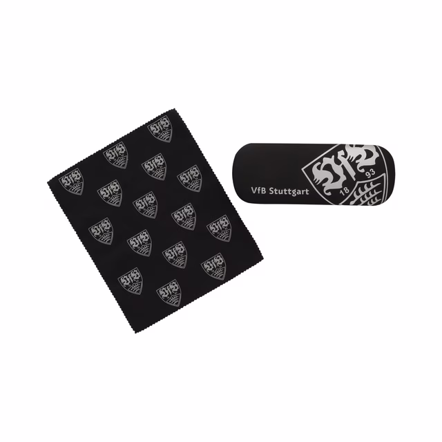 schwarzes Brillenputztuch mit vielen kleinen VfB Wappen und schwarzes Brillenetui mit einem großen VfB Wappen und der Aufschrift VfB Stuttgart