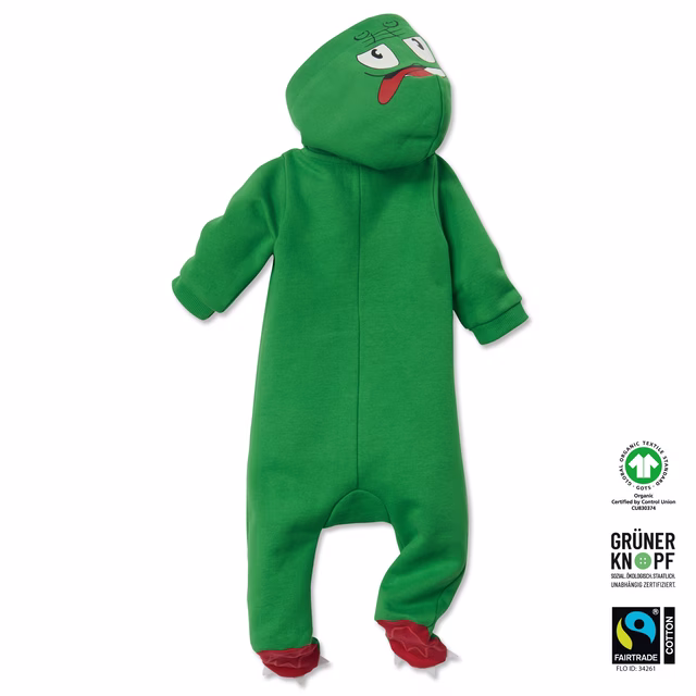 grüner Strampler mit Krokodil Kapuze und Krokodil Füßen