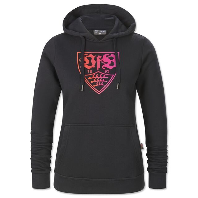 schwarzer Hoodie mit Damenschnitt mit Kängurutaschen und mit VfB Wappen mit rot-pinkem Farbverlauf