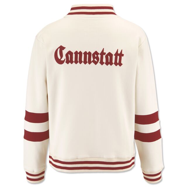 cremefarbene Rückseite der Jacke mit großem roten Cannstatt-Schriftzug