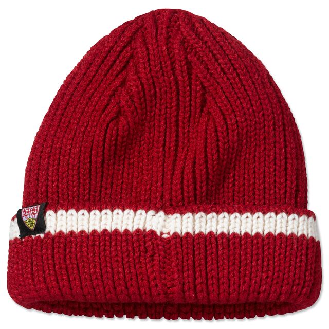 rote Rückseite der VfB Beanie 70s Kollektion rot mit weißem Streifen