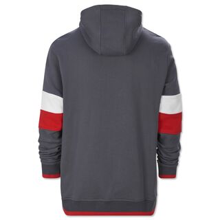 graue Rückseite des Hoodies mit roten und weißen Streifen auf den Ärmeln