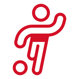 Rotes Symbol einer stilisierten Figur, die mit einem Ball spielt. Dargestellt in einfacher Linienform auf transparent kariertem Hintergrund