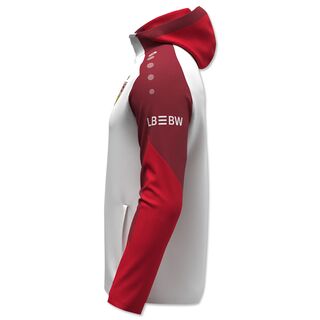 Seitenansicht der weiß-roten Kapuzenjacke 25/26 mit LBBW auf dem Ärmel