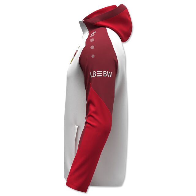 Seitenansicht der weiß-roten Kapuzenjacke 25/26 mit LBBW auf dem Ärmel