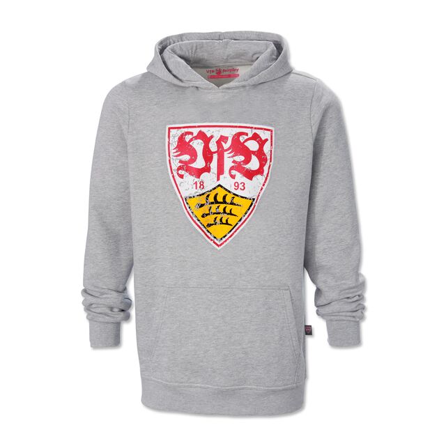 grauer Hoodie mit Kängurutaschen und VfB Wappen im Used Look