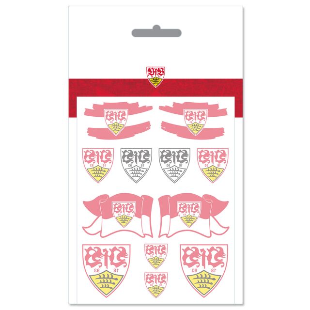 Bogen mit verschiedenen VfB Wappen als Hauttattoos in Verpackung