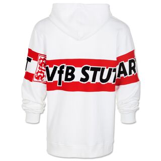 weiße Rückseite des Hoodies mit weiß-rotem Brustring auf Rücken und Ärmeln mit der Aufschrift VfB Stuttgart