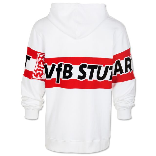 weiße Rückseite des Hoodies mit weiß-rotem Brustring auf Rücken und Ärmeln mit der Aufschrift VfB Stuttgart