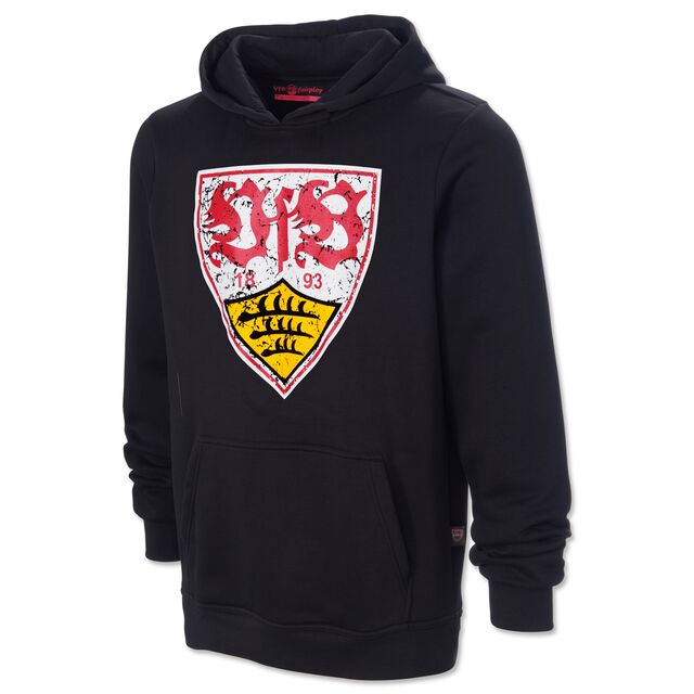 schwarzer Hoodie mit Kängurutaschen und großem VfB Wappen im Used Look