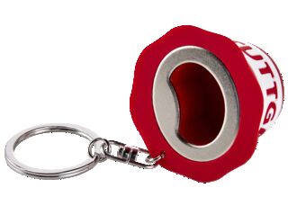 weiß-roter Fischerhut mit integriertem Flaschenöffner als Schlüsselanhänger