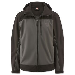 schwarz-graue Softshelljacke mit Reißverschluss, Brusttasche und VfB Wappen auf der Brust