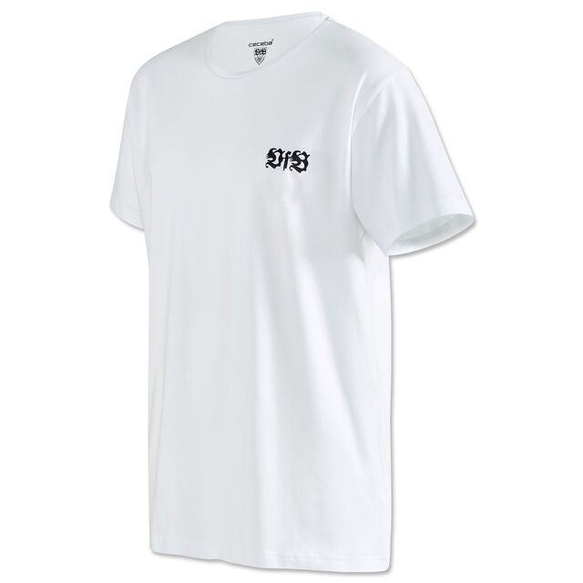 weißes T-Shirt mit schwarzem VfB Logo auf der Brust