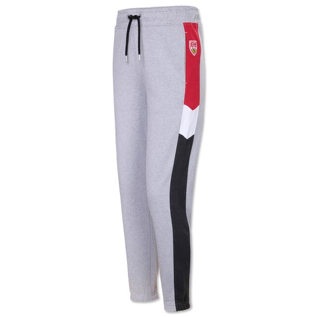 graue Jogginghose mit Streifen in Weiß, Rot und Schwarz sowie VfB Wappen an der Seite