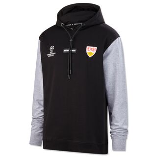 schwarzer Hoodie mit grauen Ärmeln, VfB Wappen, Champions League Logo und der Aufschrift Best of the Best