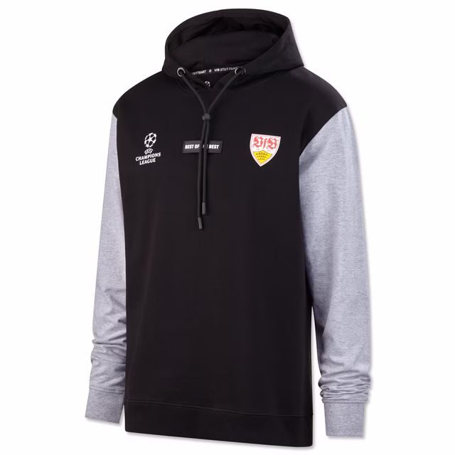 schwarzer Hoodie mit grauen Ärmeln, VfB Wappen, Champions League Logo und der Aufschrift Best of the Best