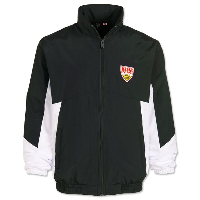 Jacke in schwarz mit weißen Akzenten an den Ärmeln und VfB Wappen auf der Brust 