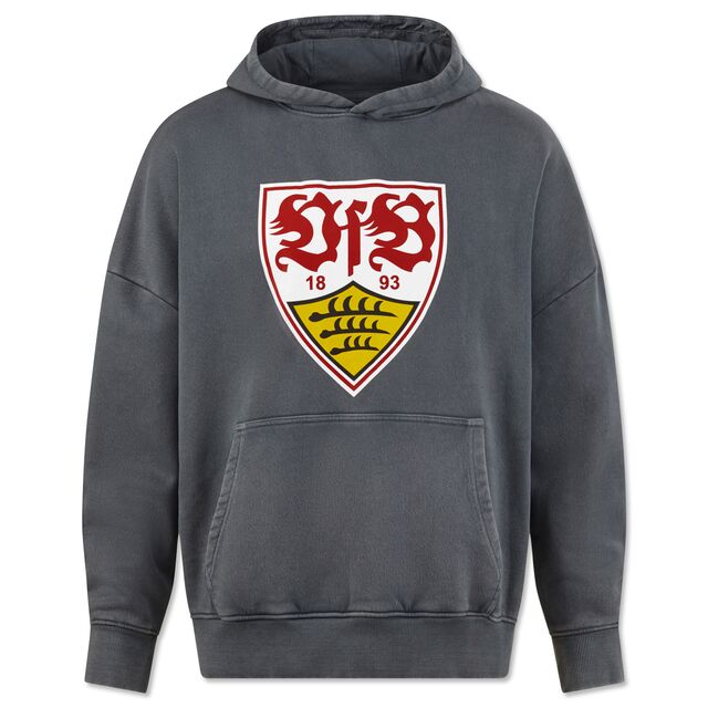 grauer oversized Hoodie mit Kängurutaschen VfB Wappen auf der Vorderseite