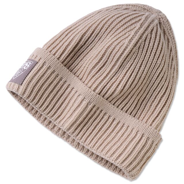 braune, grob gestrickte Beanie mit VfB Wappen