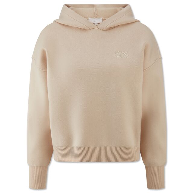 beigefarbener Hoodie mit Damenschnitt mit kleinem, beigefarbenem VfB Logo auf der Brust