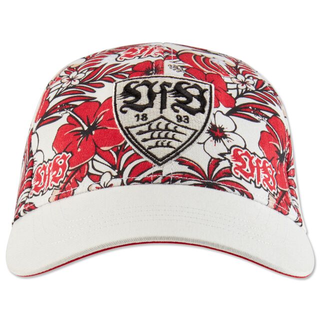 weiß-rote Cap mit Blumenmuster, rotem VfB Logo und schwarzem VfB Wappen auf der Vorderseite