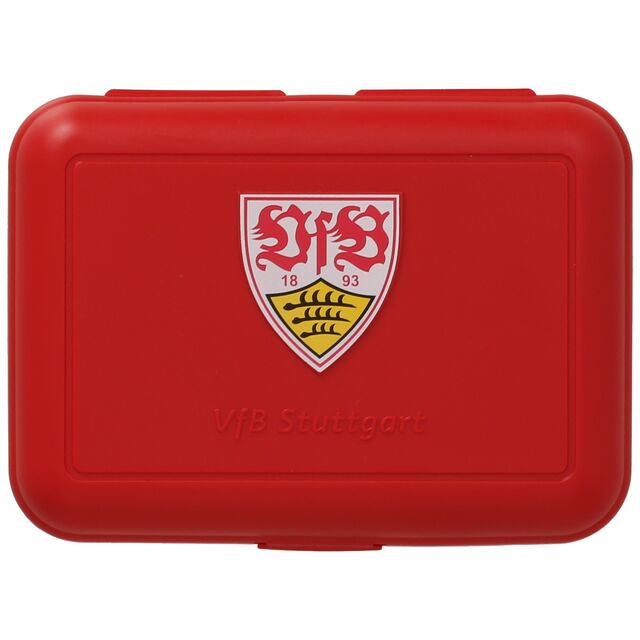 Rote Brotdose mit VfB Wappen und VfB Stuttgart Schriftzug 