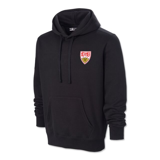 schwarzer Hoodie mit Damenschnitt mit Kängurutaschen und VfB Wappen auf der Brust