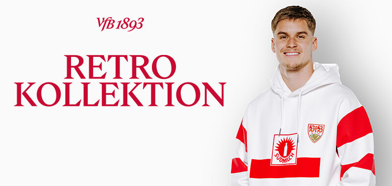 Großer Schriftzug in rot Retro Kollektion und Bild von Ramon Hendriks mit VFB Hoodie Südmilch 