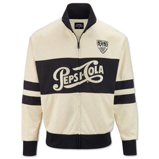 Beige Jacke mit schwarzen Akzenten, Schriftzug Pepsi Cola in der Mitte und schwarzem VfB Wappen auf der Brust