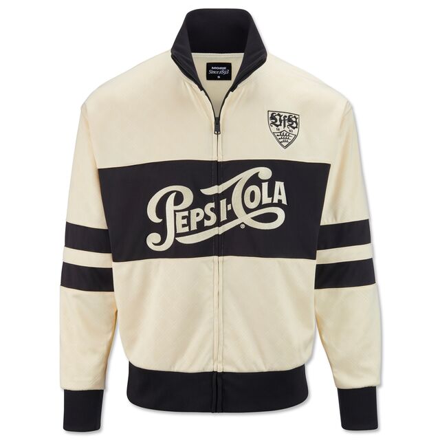 Beige Jacke mit schwarzen Akzenten, Schriftzug Pepsi Cola in der Mitte und schwarzem VfB Wappen auf der Brust