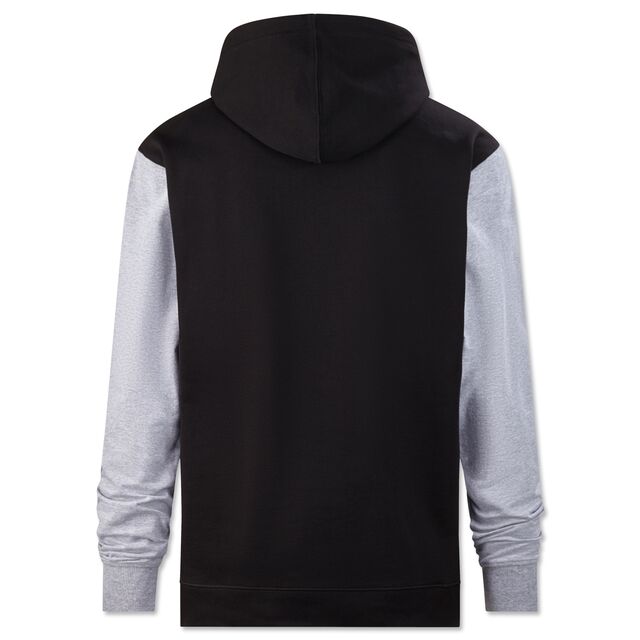 schwarze Rückseite des Hoodies mit grauen Ärmeln