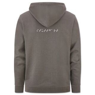 graue Rückseite des Hoodies mit der Aufschrift Stuttgart in Brailleschrift