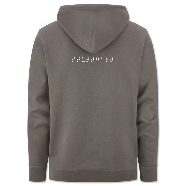 graue Rückseite des Hoodies mit der Aufschrift Stuttgart in Brailleschrift
