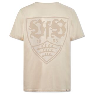 beigefarbene Rückseite des VfB T-Shirts Kollektiv natur mit großem beigefarbenen VfB Wappen