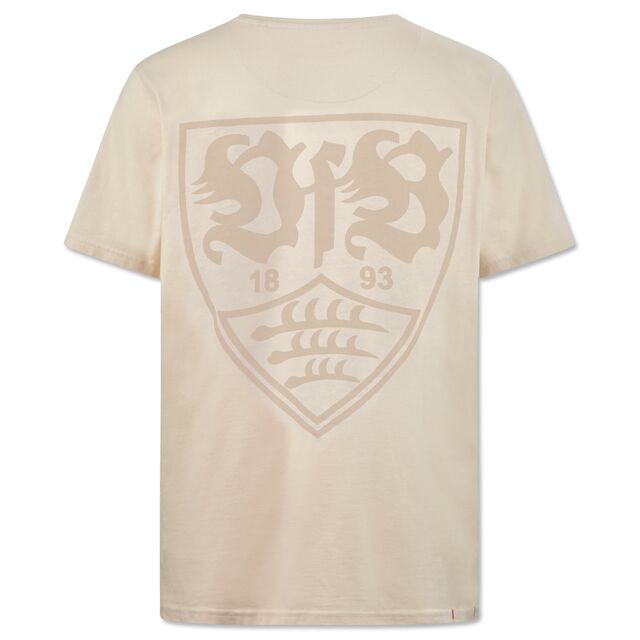 beigefarbene Rückseite des VfB T-Shirts Kollektiv natur mit großem beigefarbenen VfB Wappen