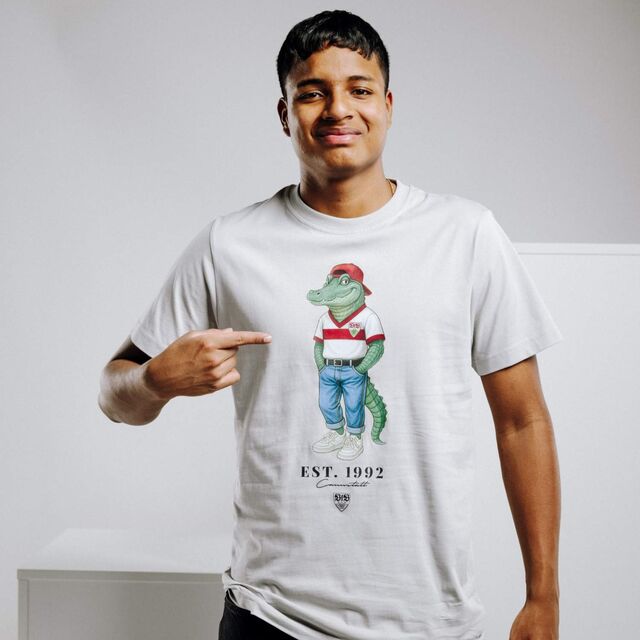 Graues T-Shirt mit Fritzle im Jeans Style und Schriftzug EST 1992 Cannstatt 