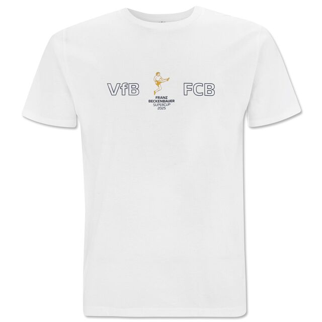 weißes T-Shirt mit kleiner Grafik von Franz Beckenbauer und der Aufschrift VfB FCB Franz Beckenbauer Supercup 2025