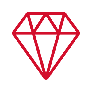 Rotes Diamant-Symbol in geometrischer Linienform, dargestellt auf transparent kariertem Hintergrund