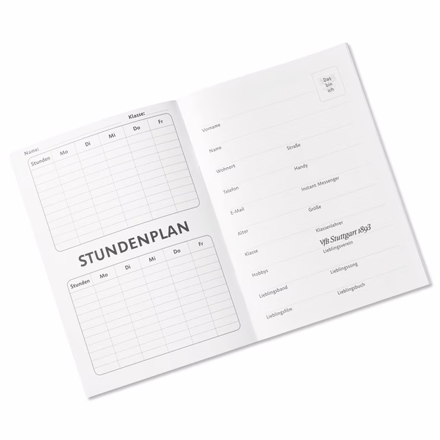 Aufgeschlagenes Heft mit Stundenplan 