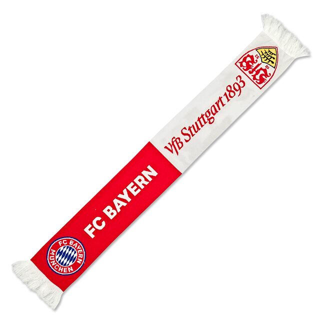 Begegnungsschal in weiß und rot mit VfB Stuttgart Schriftzug und Wappen und FC Bayern Schriftzug und Wappen 