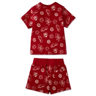 Rückseite des VfB Baby Shorty Sets in Rot mit Fußball- und Sommermotiven