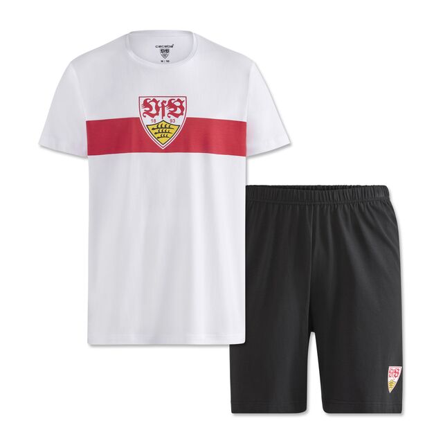 weißes T-Shirt mit rotem Brustring und VfB Wappen und schwarze Shorts mit VfB Wappen