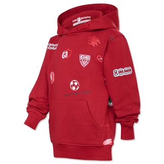 roter Hoodie mit Kängurutaschen und VfB- und Fußballelementen 