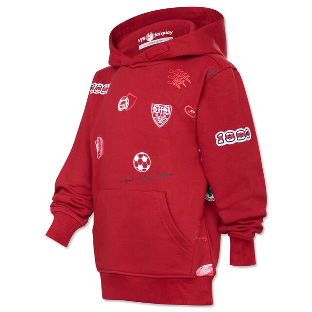 roter Hoodie mit Kängurutaschen und VfB- und Fußballelementen 